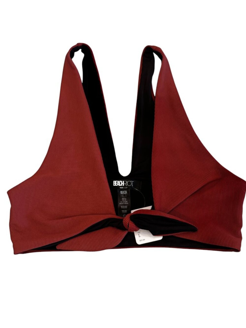NWT Beach Riot Free People Rust Red Ribbed Tie-Front Bikini Top Size Large